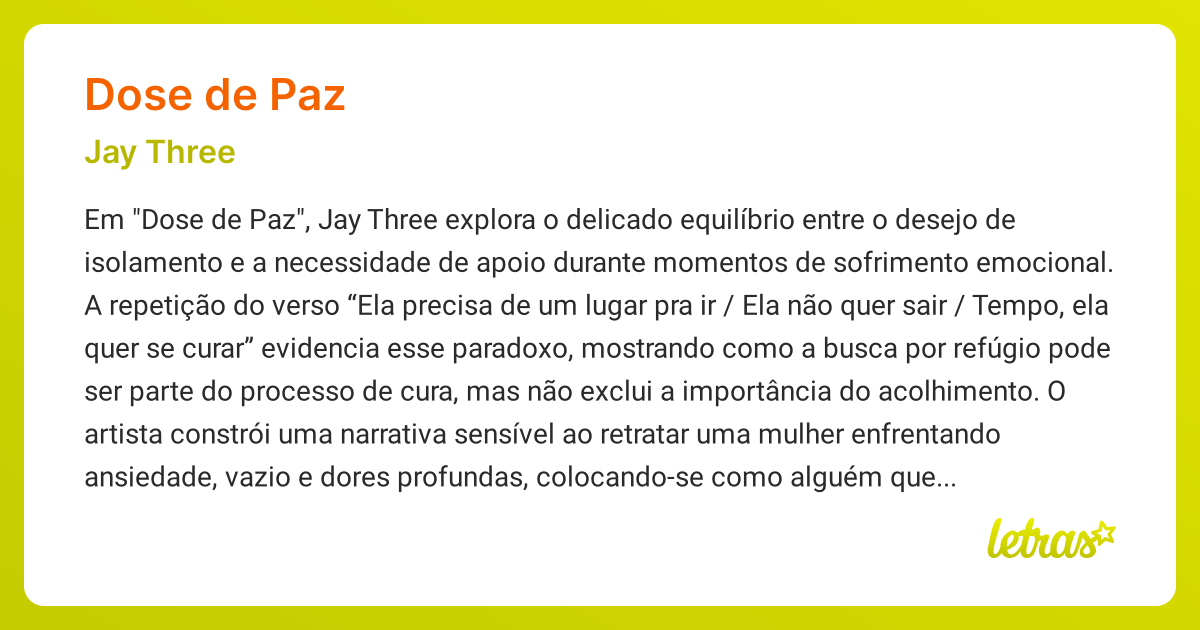Significado da música DOSE DE PAZ (Jay Three) - LETRAS.MUS.BR