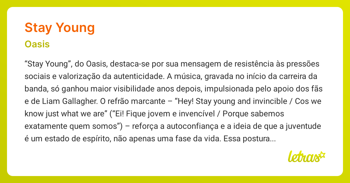 Significado da música STAY YOUNG (Oasis) - LETRAS.MUS.BR