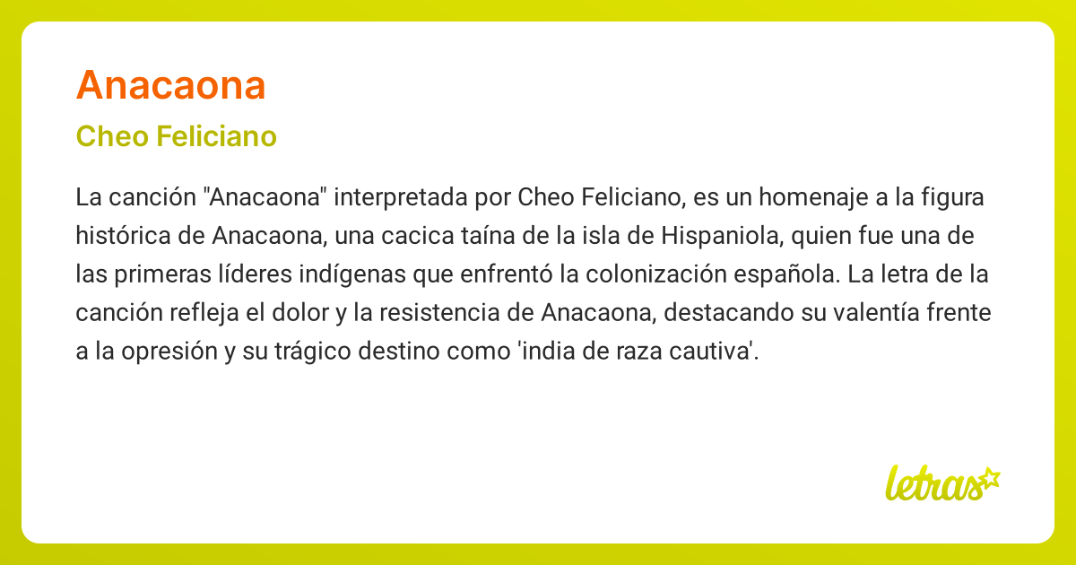 Significado de la canción ANACAONA (Cheo Feliciano) - LETRAS.COM