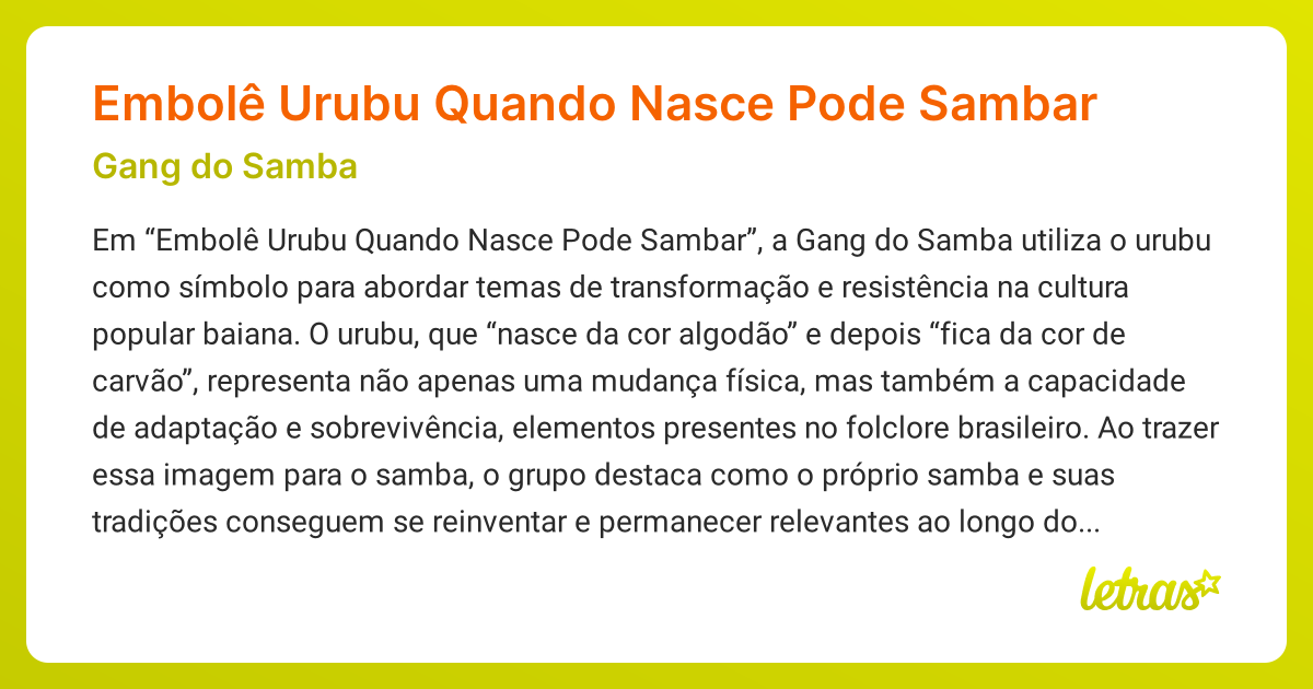 Significado da música Embolê Urubu Quando Nasce Pode Sambar (Gang do ...