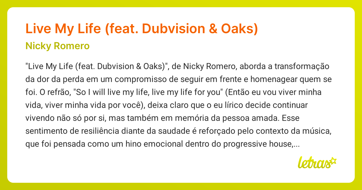 Significado da música Live My Life (feat. Dubvision & Oaks) (Nicky ...