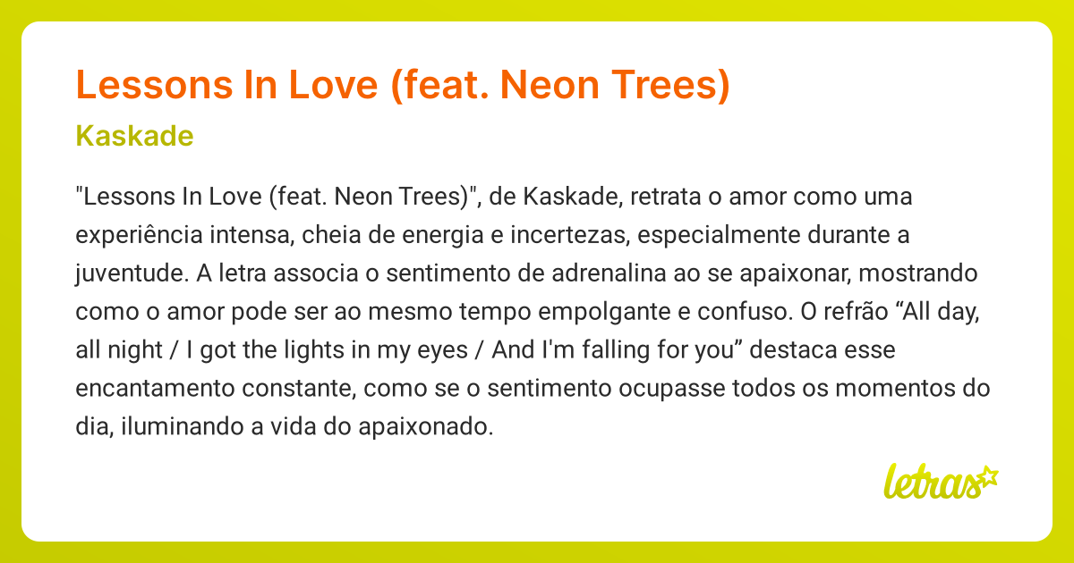 Significado da música Lessons In Love (feat. Neon Trees) (Kaskade ...