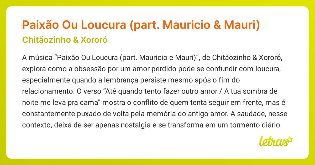 Significado da música Paixão Ou Loucura (part. Mauricio e Mauri ...