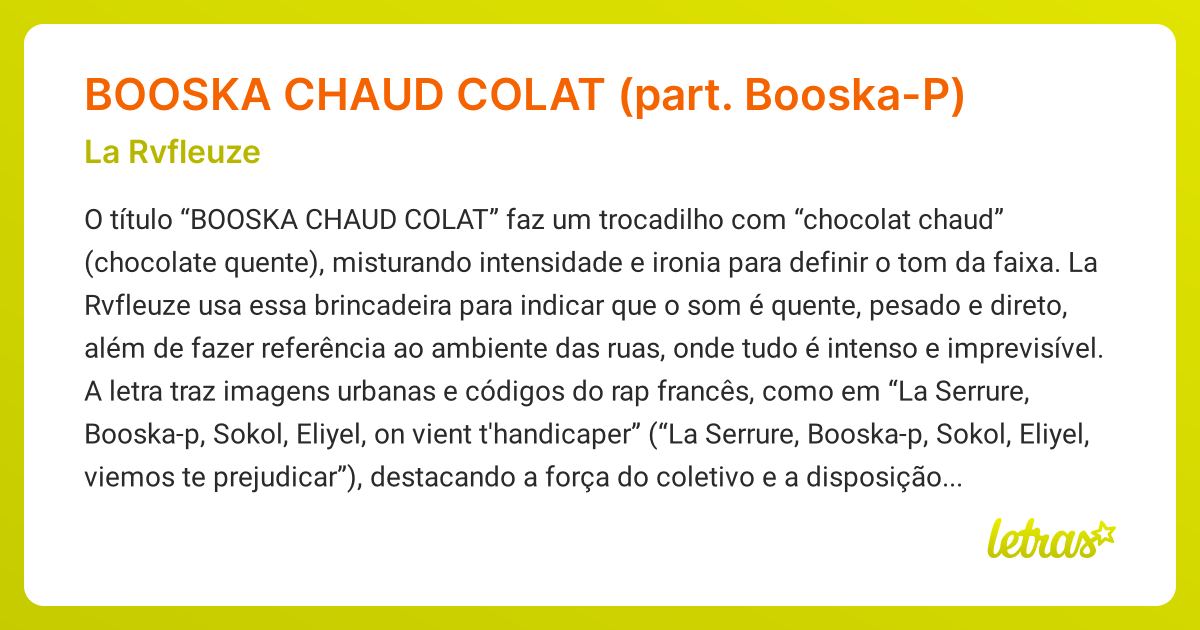 Significado da música BOOSKA CHAUD COLAT (part. Booska-P) (La Rvfleuze ...