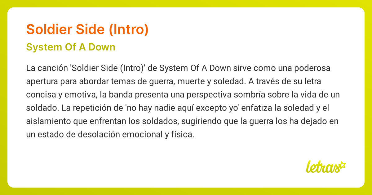 Significado de la cancion SOLDIER SIDE INTRO System Of A Down LETRAS.COM