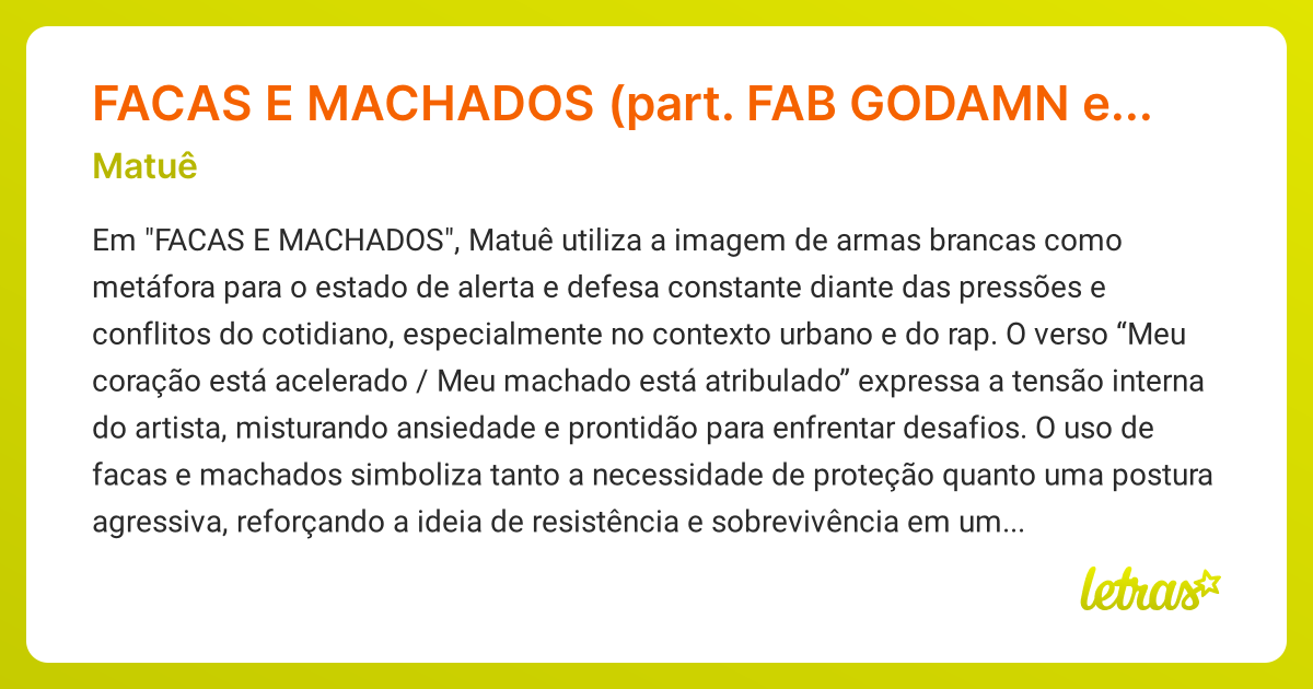 Significado da música FACAS E MACHADOS (part. FAB GODAMN e okie) (Matuê ...