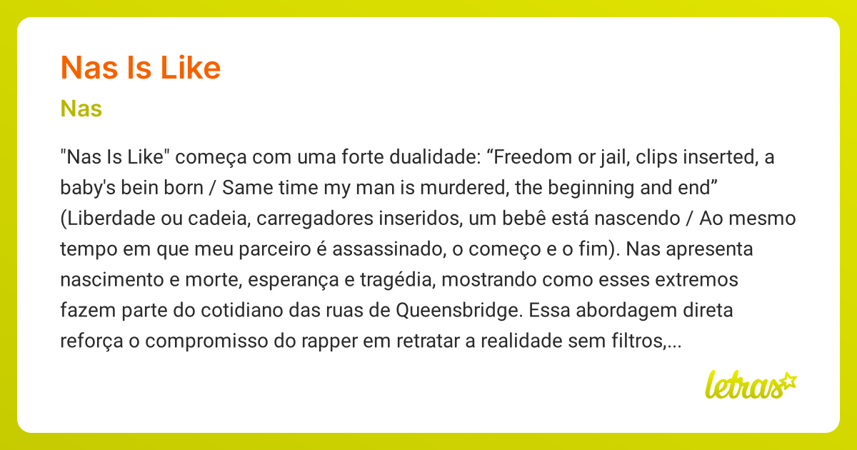 Significado da música NAS IS LIKE (Nas) - LETRAS.MUS.BR