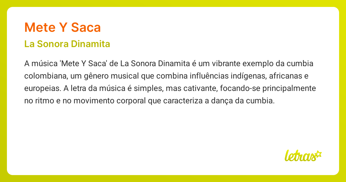 Significado da música METE Y SACA (La Sonora Dinamita) - LETRAS.MUS.BR