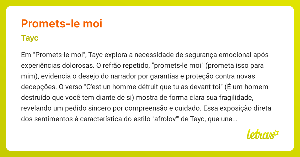 Significado da música PROMETS-LE MOI (Tayc) - LETRAS.MUS.BR