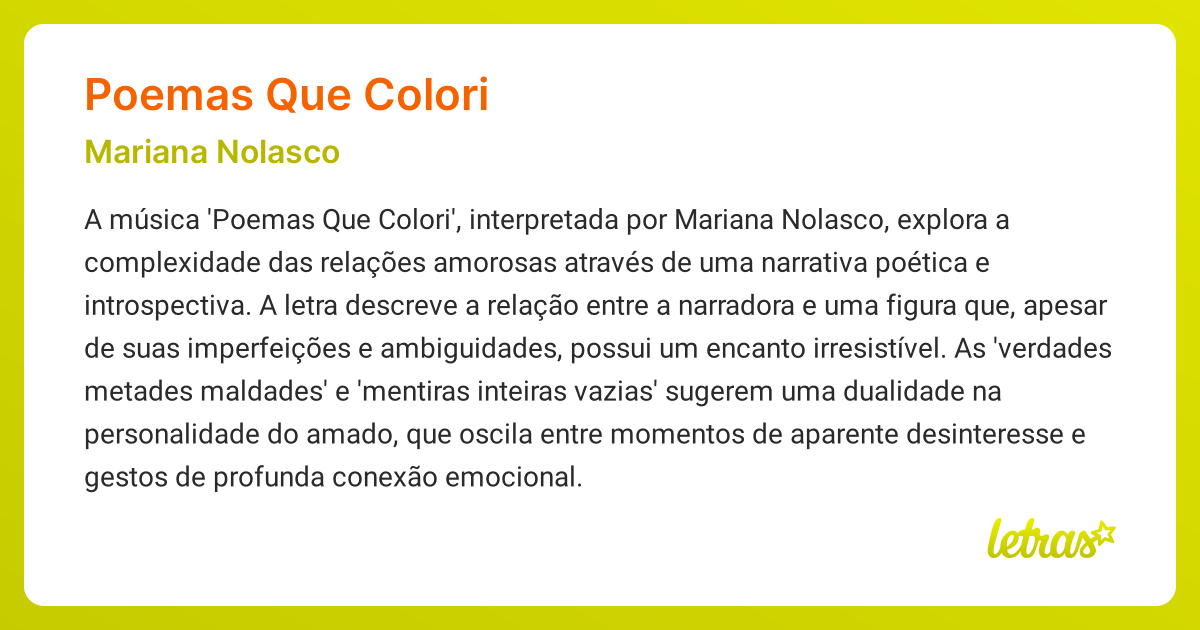 Significado da música POEMAS QUE COLORI (Mariana Nolasco) - LETRAS.MUS.BR