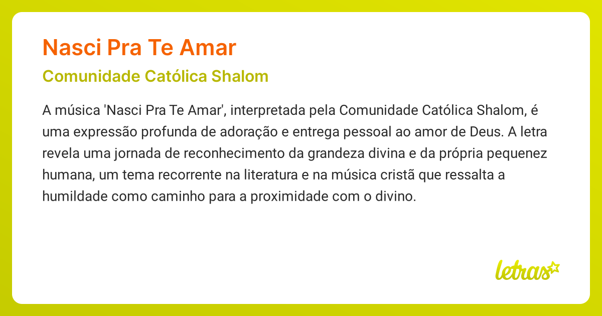 Significado da música NASCI PRA TE AMAR (Comunidade Católica Shalom ...