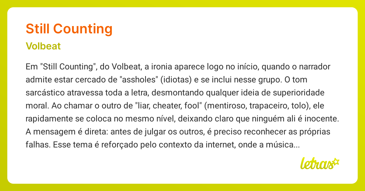 Significado da música STILL COUNTING (Volbeat) - LETRAS.MUS.BR