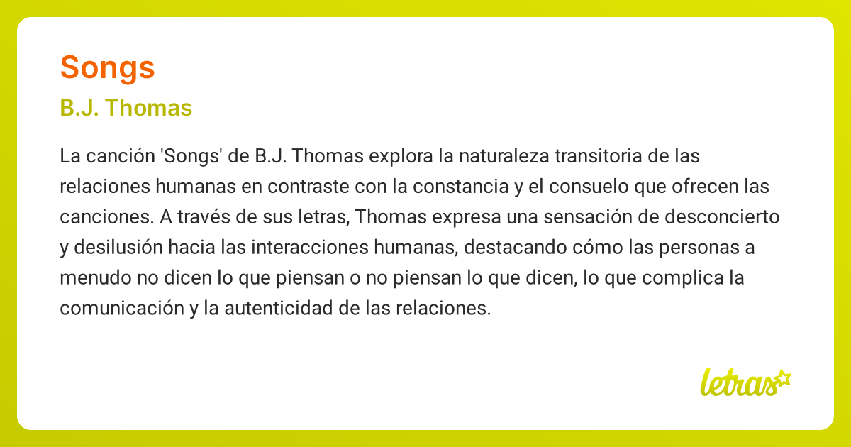 Significado de la canción SONGS (B.J. Thomas) - LETRAS.COM