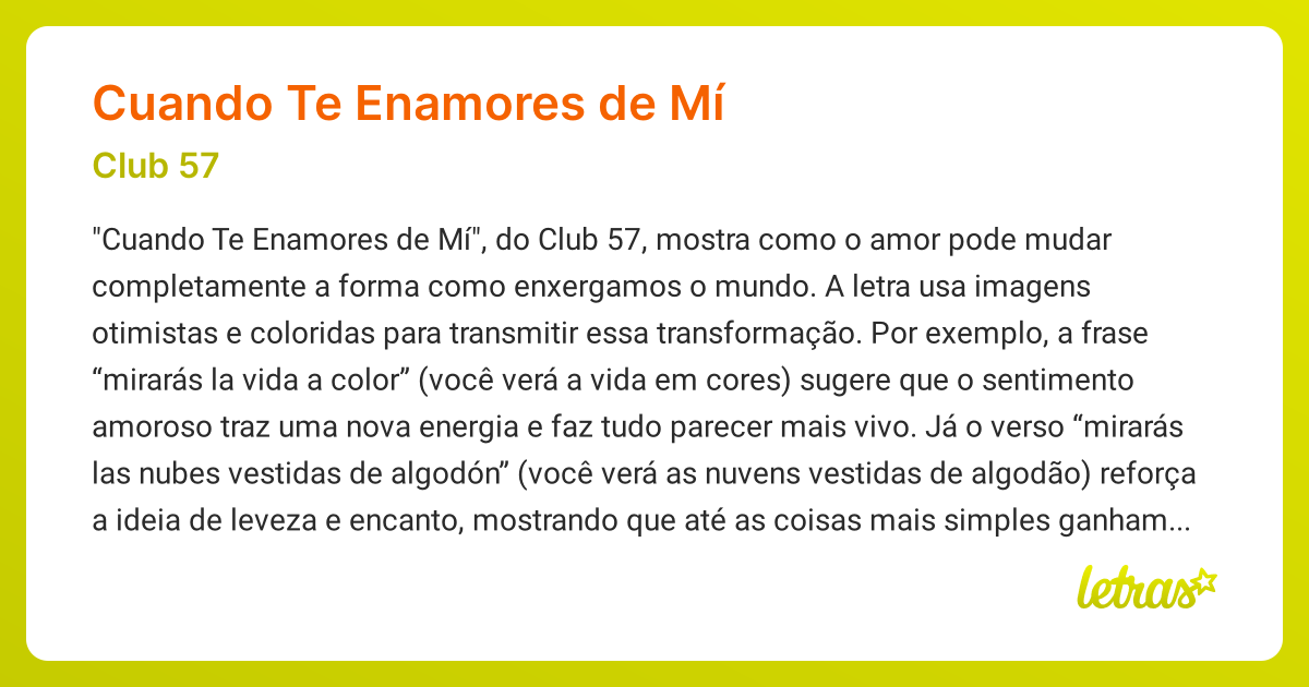 Significado da música CUANDO TE ENAMORES DE MÍ (Club 57) - LETRAS.MUS.BR