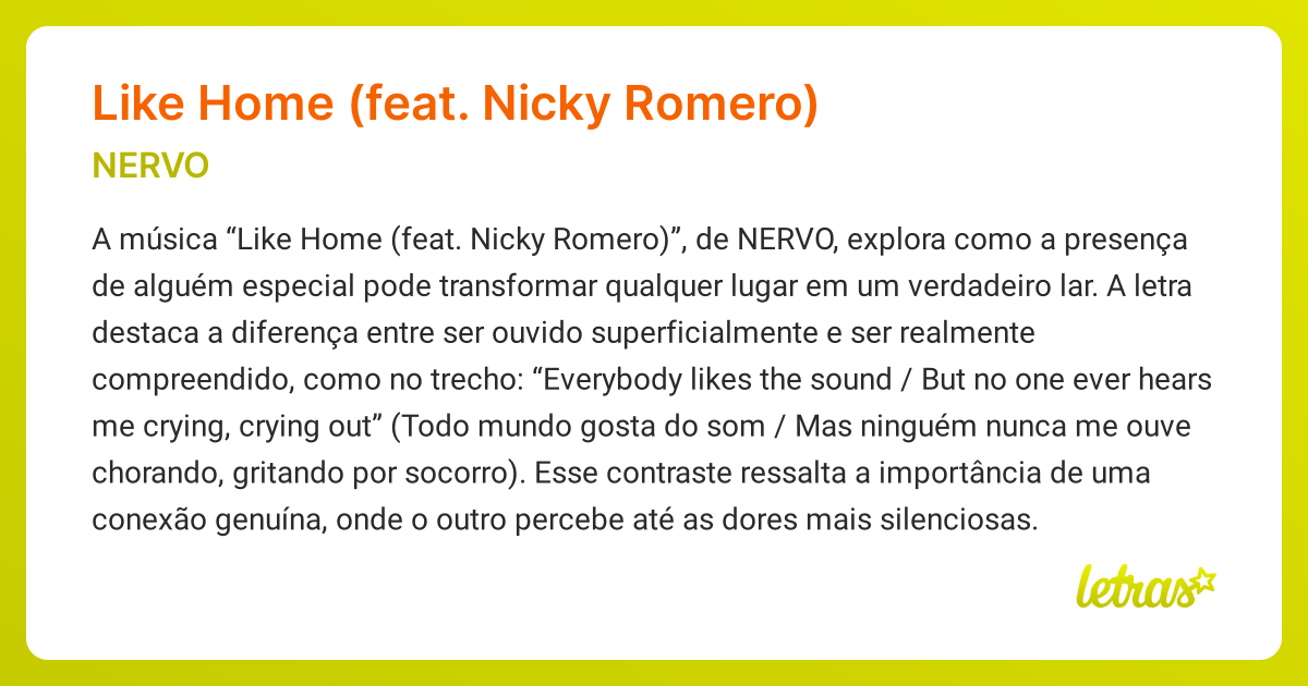 Significado da música LIKE HOME (FEAT. NICKY ROMERO) (NERVO) - LETRAS ...