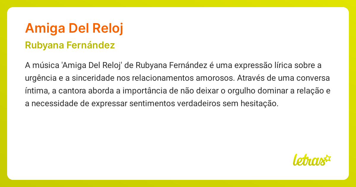 Significado da música AMIGA DEL RELOJ (Rubyana Fernández) - LETRAS.MUS.BR