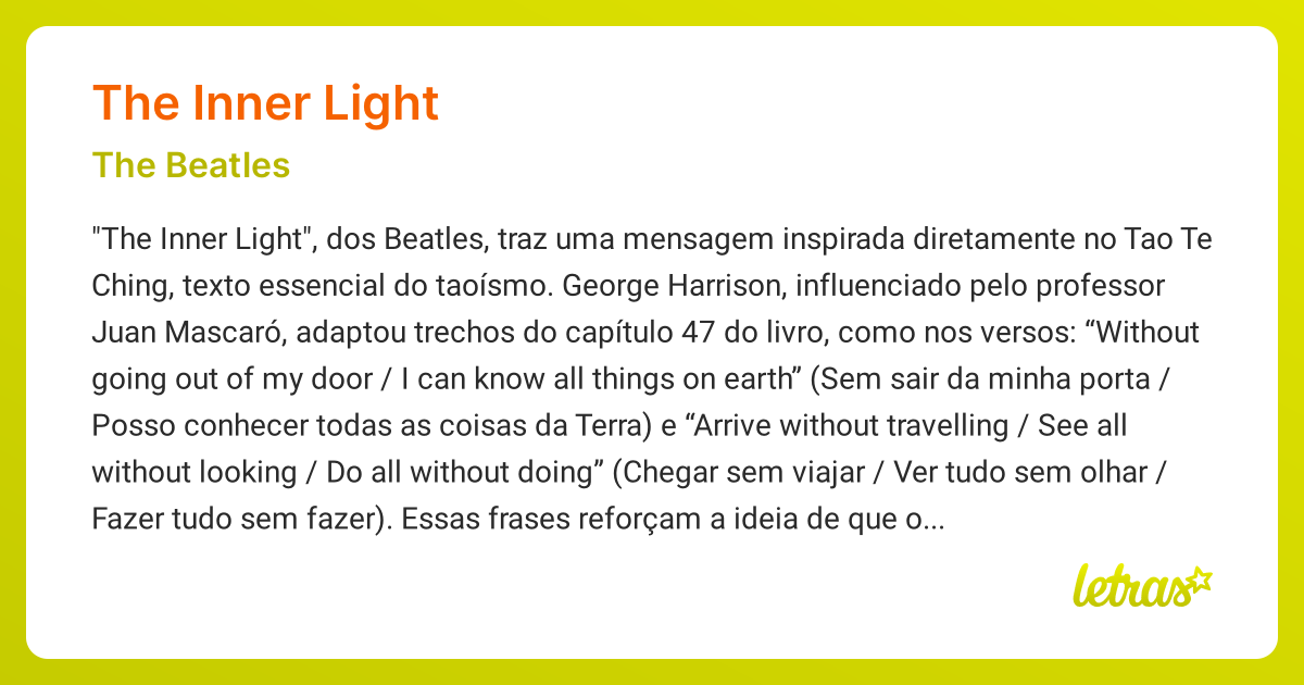 Significado da música THE INNER LIGHT (The Beatles) - LETRAS.MUS.BR