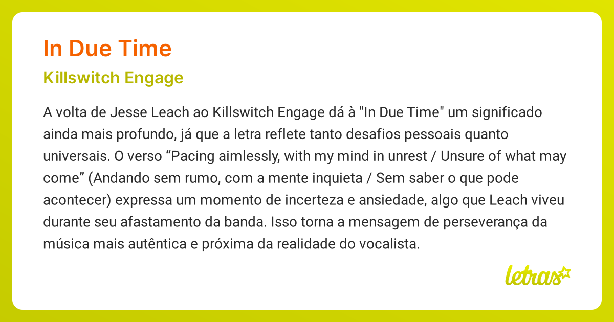Significado da música IN DUE TIME (Killswitch Engage) - LETRAS.MUS.BR