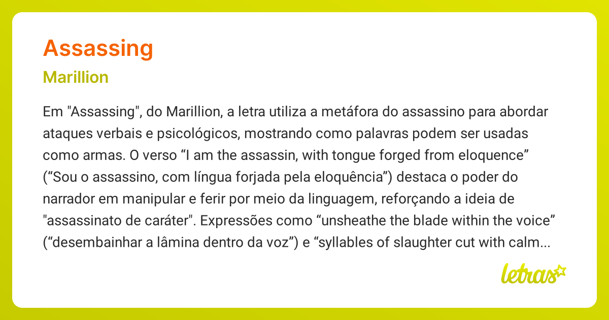 Significado da música ASSASSING (Marillion) - LETRAS.MUS.BR