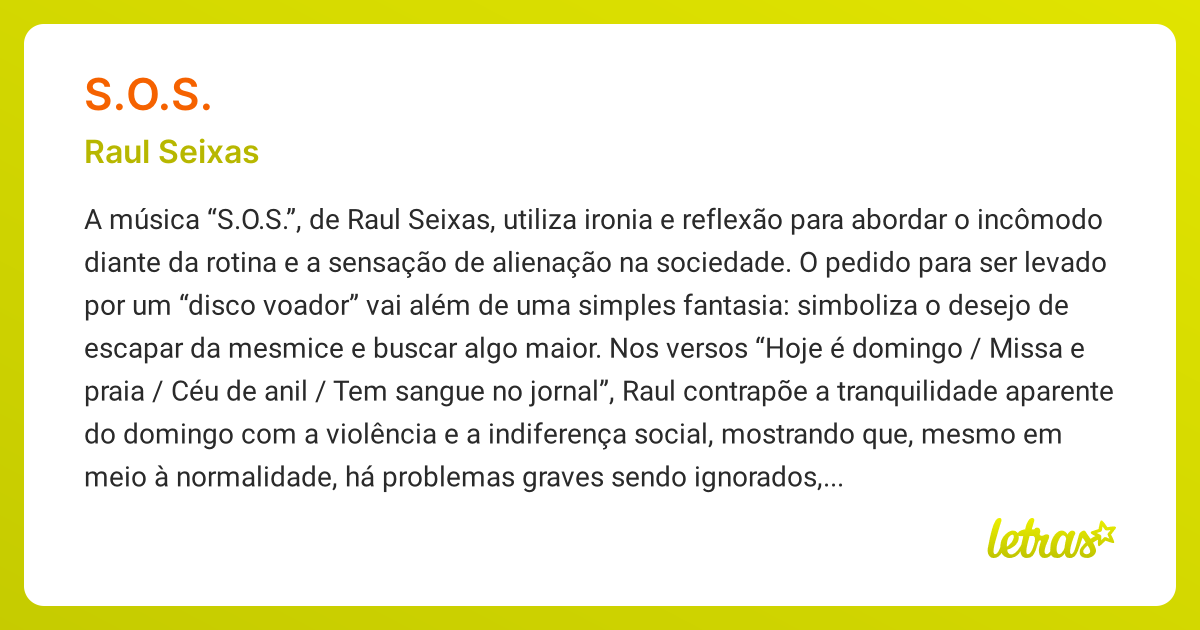 Significado da música S.O.S. (Raul Seixas) - LETRAS.MUS.BR