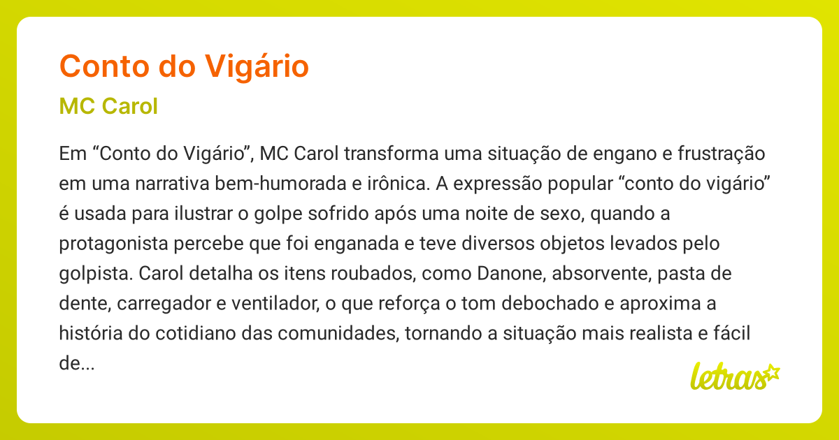 Significado da música CONTO DO VIGÁRIO (MC Carol) - LETRAS.MUS.BR