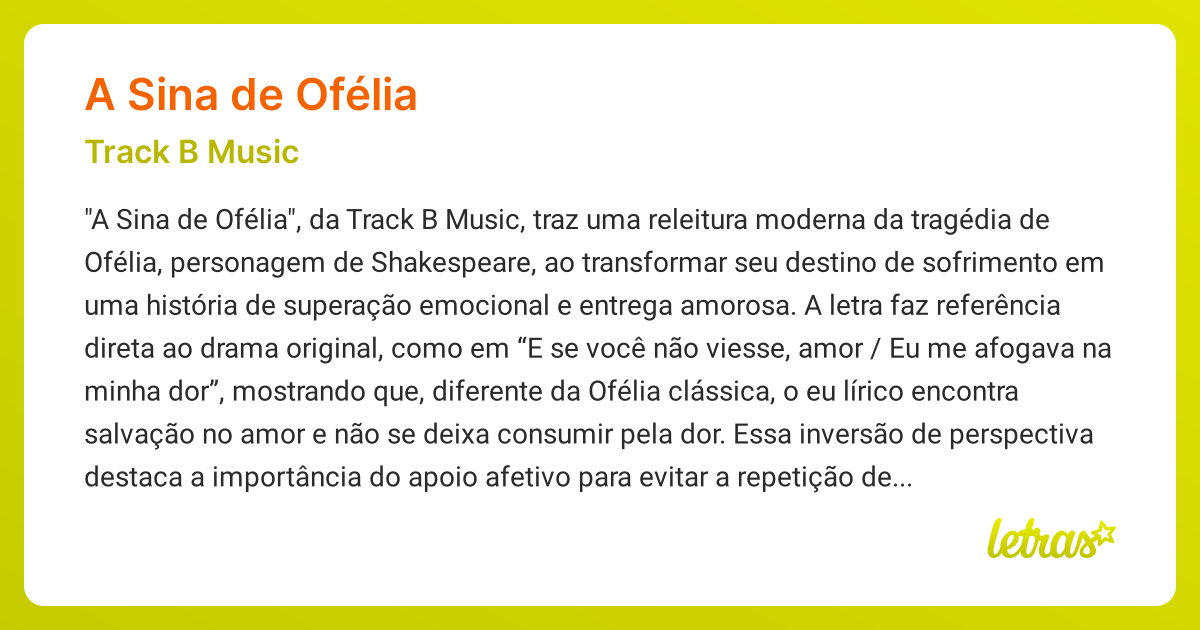 Significado da música A SINA DE OFÉLIA (Track B Music) - LETRAS.MUS.BR