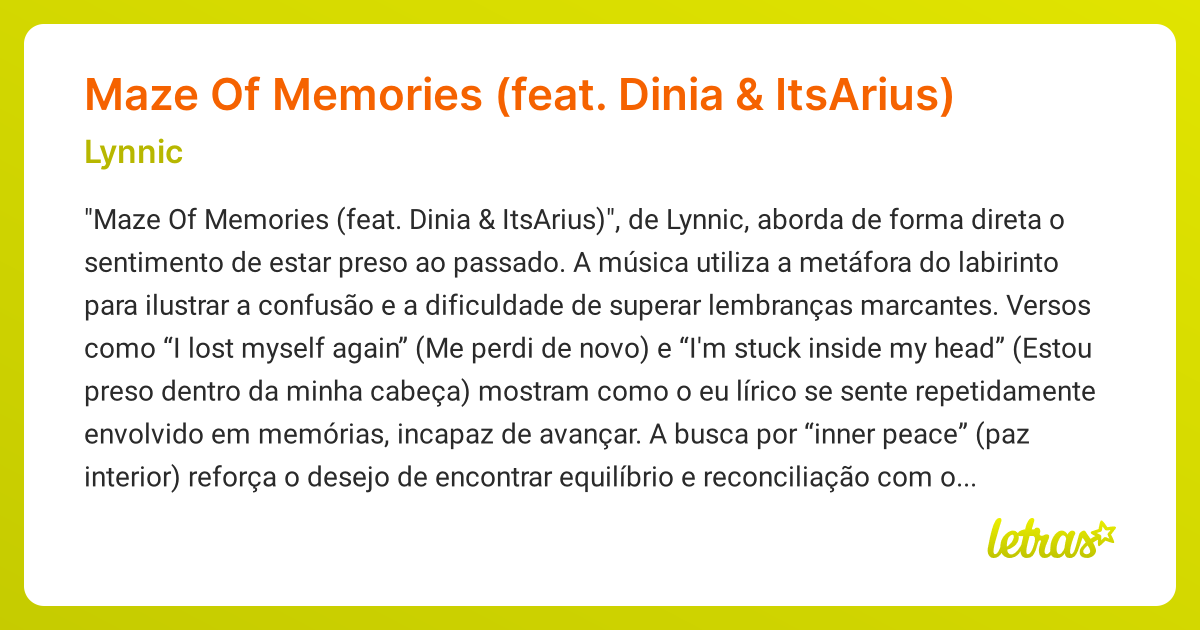 Significado da música Maze Of Memories (feat. Dinia & ItsArius) (Lynnic ...