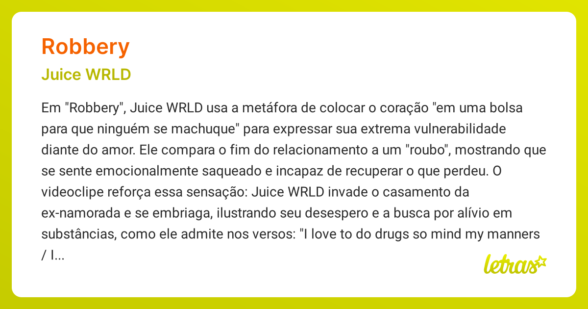 Significado da música ROBBERY (Juice WRLD) LETRAS.MUS.BR