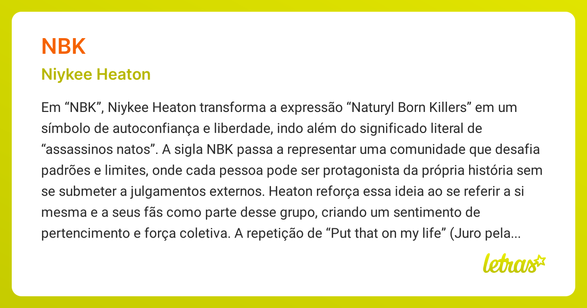 Significado da música NBK (Niykee Heaton) LETRAS.MUS.BR