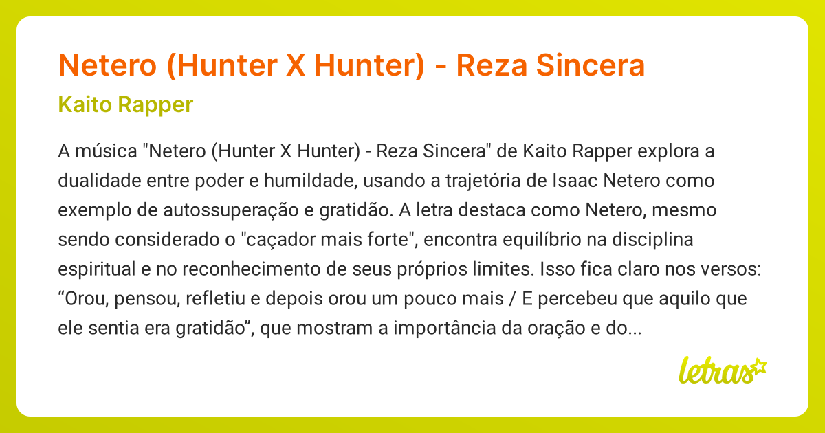 Significado da música Netero (Hunter X Hunter) - Reza Sincera (Kaito ...