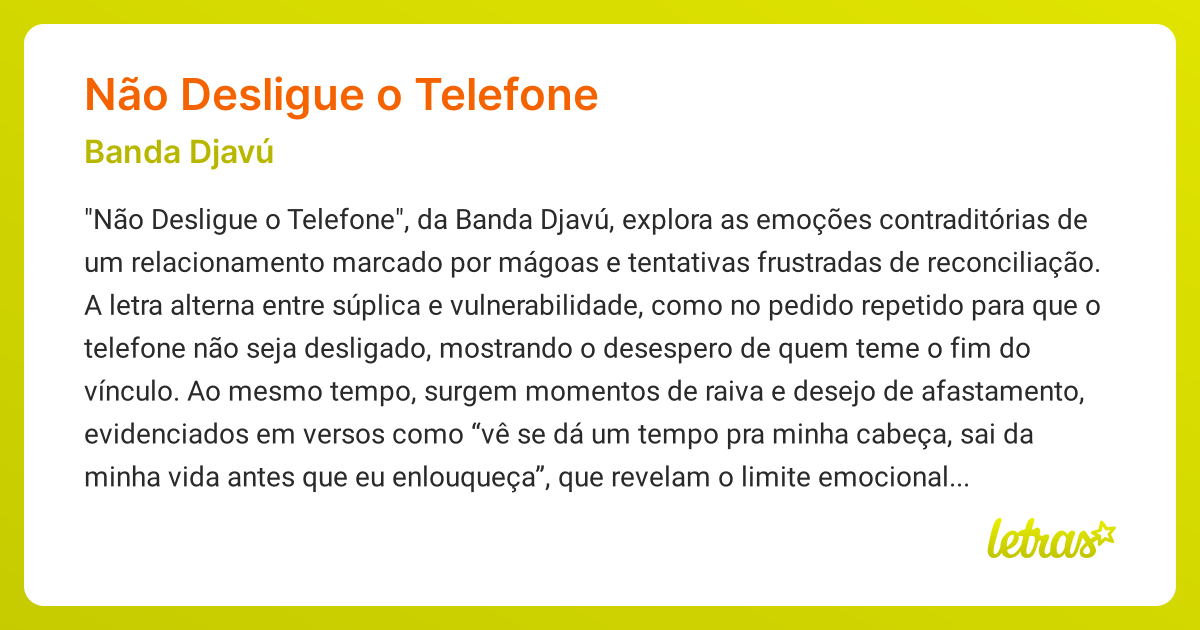 Significado da música NÃO DESLIGUE O TELEFONE (Banda Djavú) - LETRAS.MUS.BR