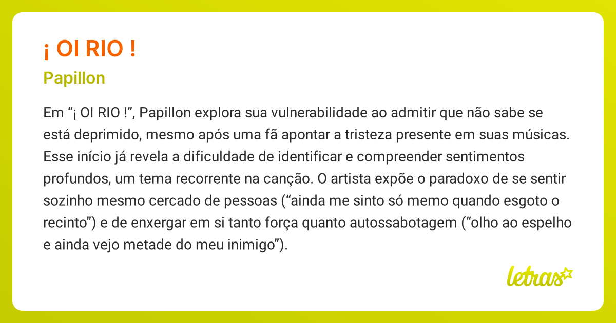 Significado da música ¡ OI RIO ! (Papillon) - LETRAS.MUS.BR