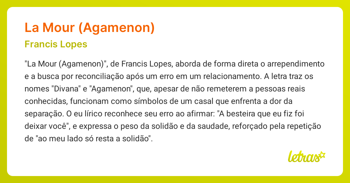 Significado da música LA MOUR (AGAMENON) (Francis Lopes) - LETRAS.MUS.BR