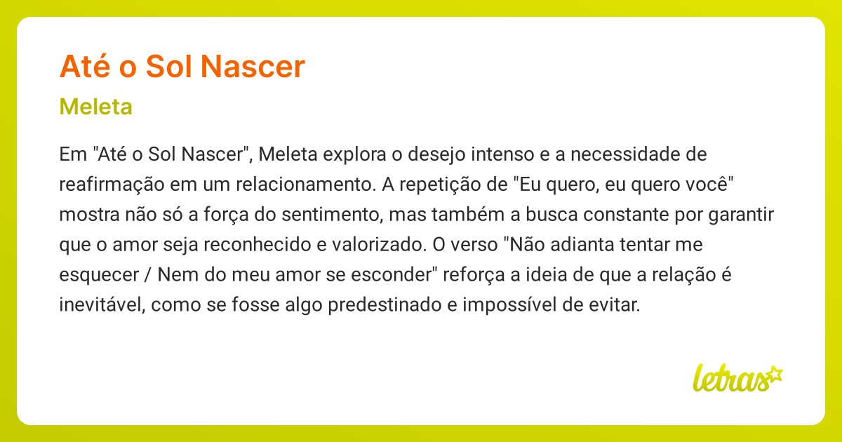 Significado da música ATÉ O SOL NASCER (Meleta) - LETRAS.MUS.BR