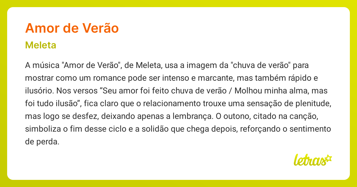 Significado da música AMOR DE VERÃO (Meleta) - LETRAS.MUS.BR