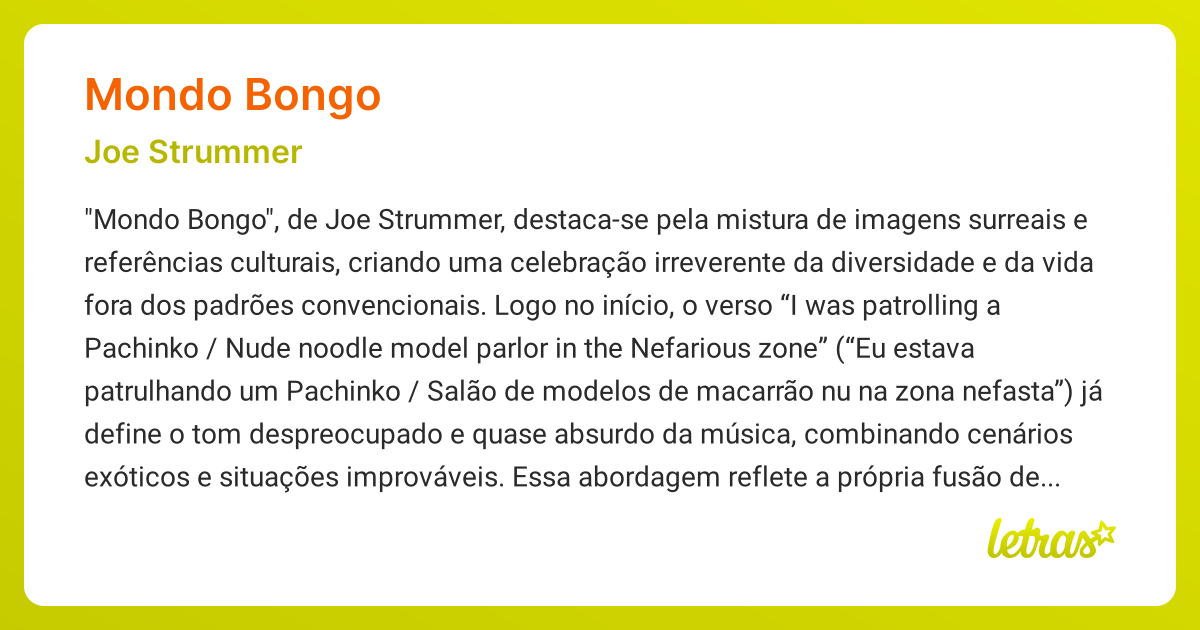 Significado da música MONDO BONGO (Joe Strummer) - LETRAS.MUS.BR