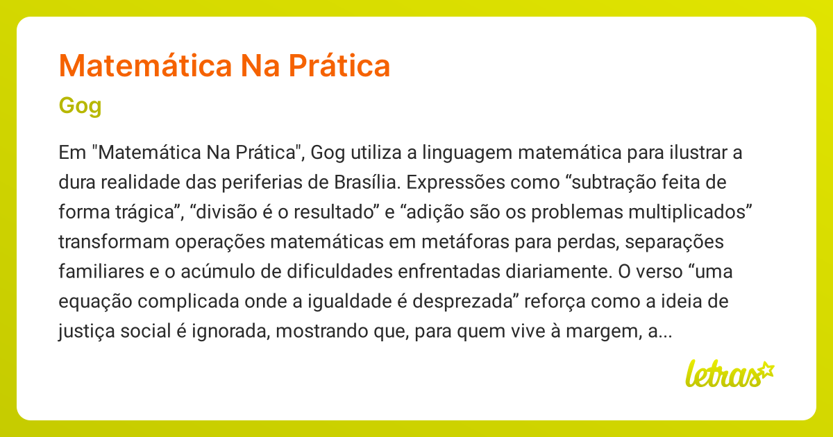 Significado da música MATEMÁTICA NA PRÁTICA (Gog) - LETRAS.MUS.BR