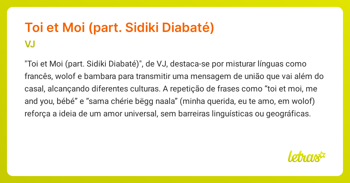 Significado da música Toi et Moi (part. Sidiki Diabaté) (VJ) - LETRAS ...