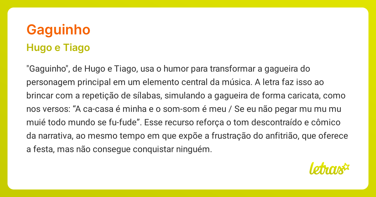 Significado da música GAGUINHO (Hugo e Tiago) - LETRAS.MUS.BR