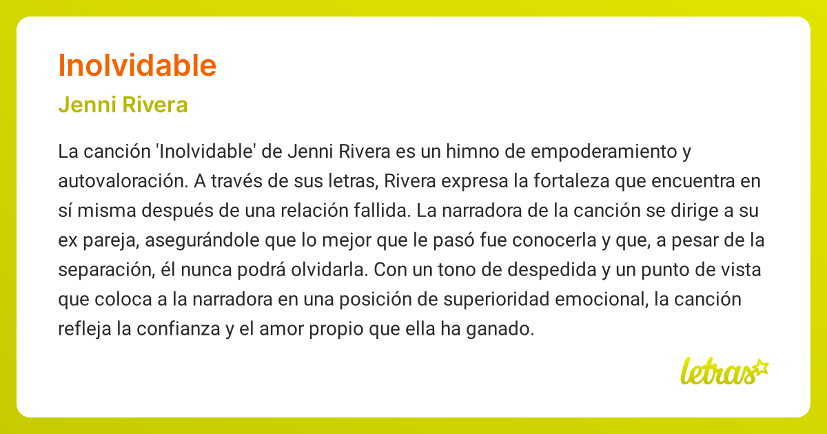 Significado de la canción INOLVIDABLE (Jenni Rivera) - LETRAS.COM