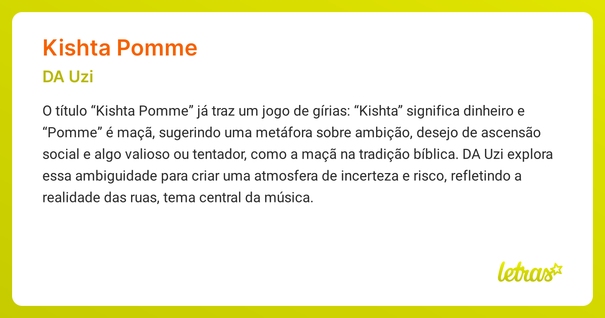 Significado da música KISHTA POMME (DA Uzi) - LETRAS.MUS.BR