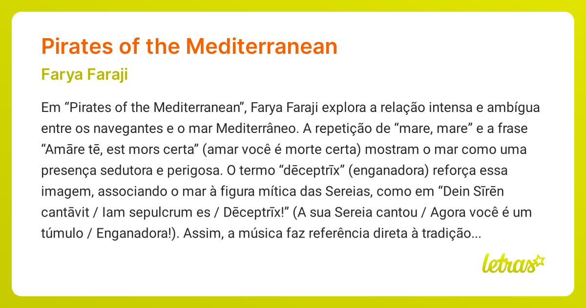 Significado da música PIRATES OF THE MEDITERRANEAN (Farya Faraji ...