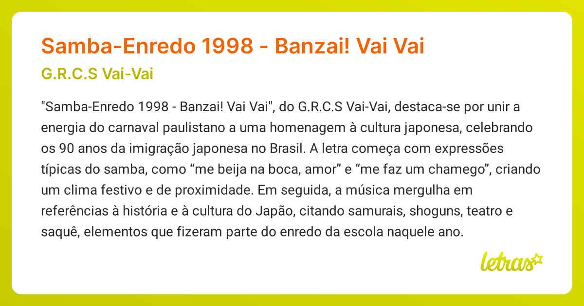 Significado da música Samba-Enredo 1998 - Banzai! Vai Vai (G.R.C.S Vai ...