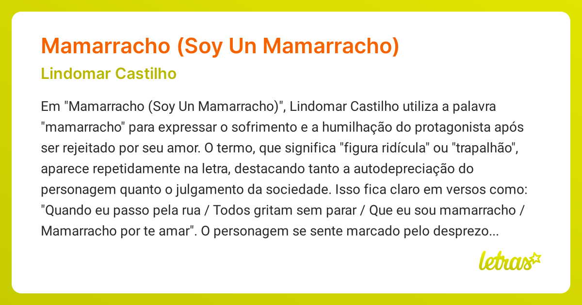Significado da música MAMARRACHO (SOY UN MAMARRACHO) (Lindomar Castilho ...