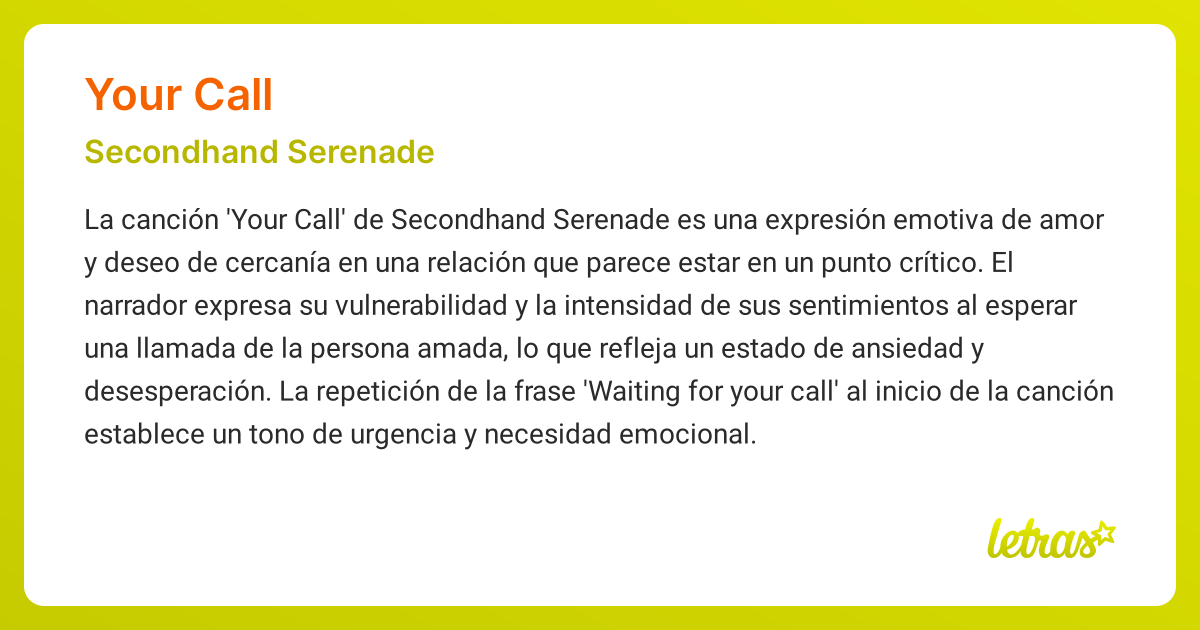 Significado de la canción YOUR CALL (Secondhand Serenade) - LETRAS.COM