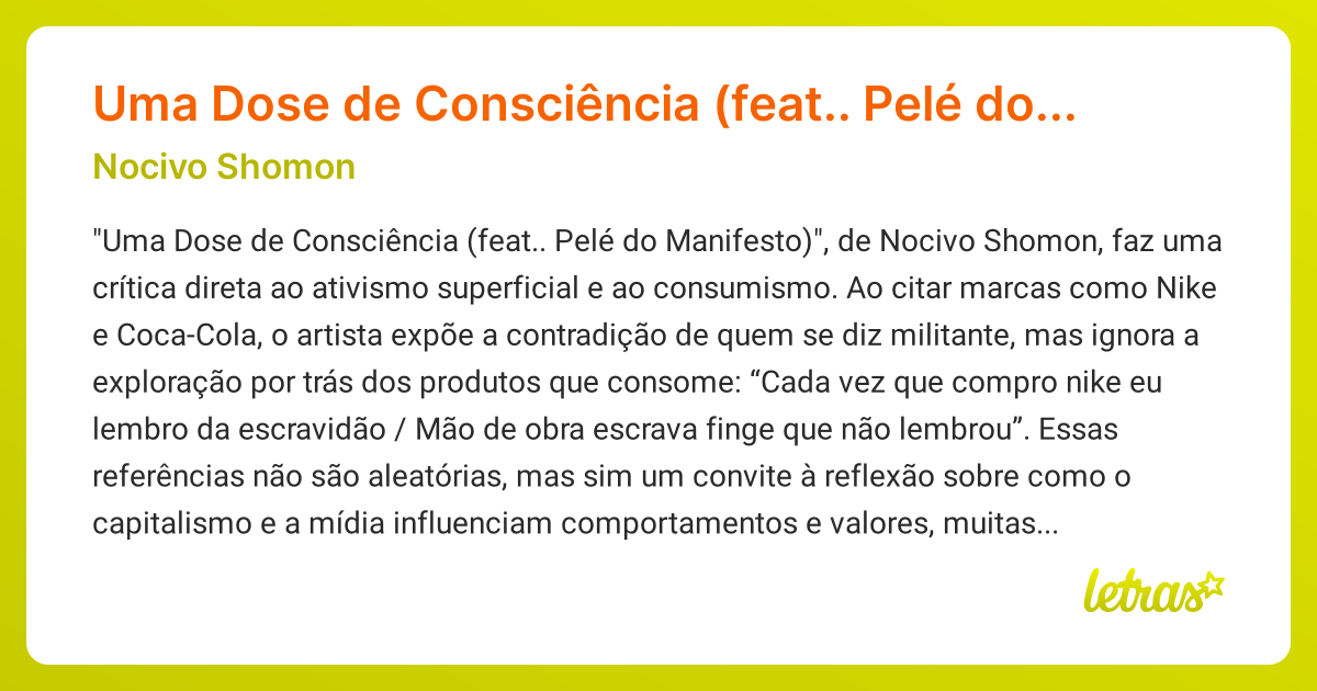 Significado da música Uma Dose de Consciência (feat.. Pelé do Manifesto ...