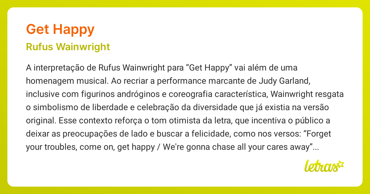 Significado da música GET HAPPY (Rufus Wainwright) - LETRAS.MUS.BR