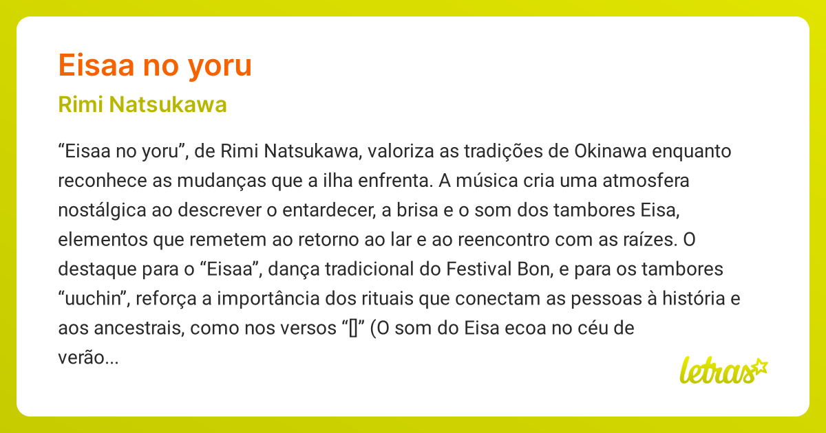 Significado da música EISAA NO YORU (Rimi Natsukawa) - LETRAS.MUS.BR