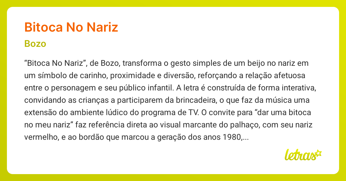 Significado da música BITOCA NO NARIZ (Bozo) - LETRAS.MUS.BR