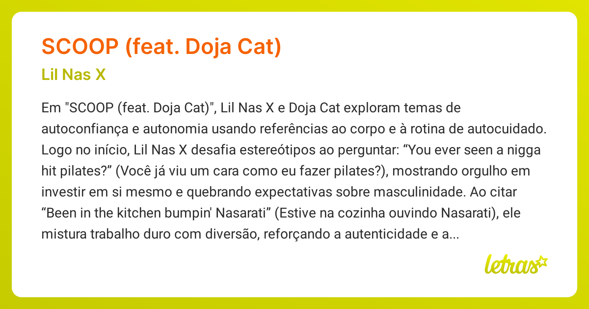 Significado da música SCOOP (FEAT. DOJA CAT) (Lil Nas X) LETRAS.MUS.BR